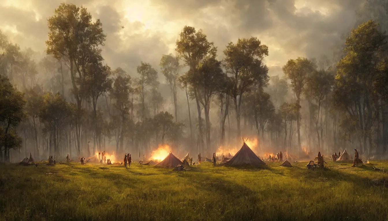 Prompt: beautiful render of an indegenous tribe, unreal engine, first light, teepee, paths, lush grass, dramatic clouds, encampment, soft light, forest, campofire, by greg rutkowski, cgsociety