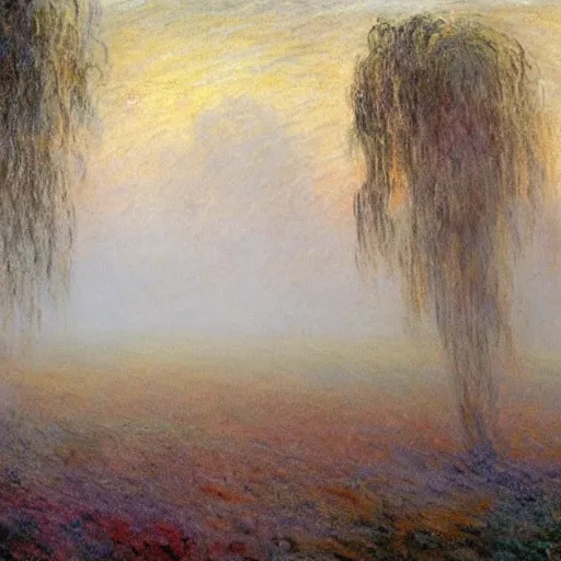 Image similar to willow trees in a misty field at daybreak, atmospheric, by turner and monet