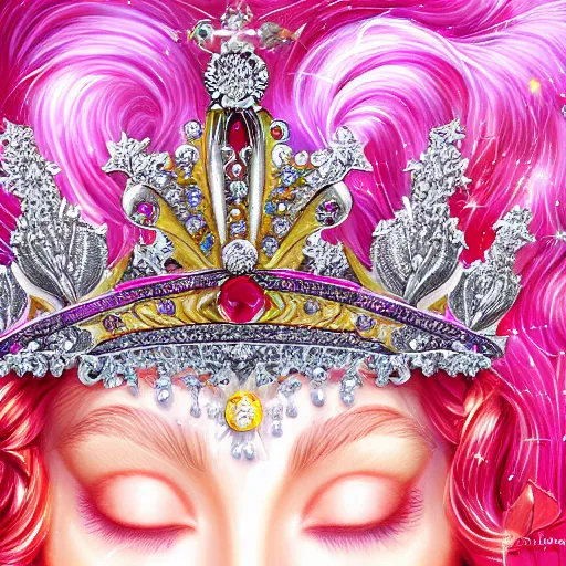 Prompt: a beautiful photorealistic queen's crown design made of platinum glowing in sparkles with heavenly notes neo rococo, diamond and ruby, highly detailed sailor moon aesthetic, fantasy, intricate, elegant, highly detailed, digital painting, artstation, concept art, matte, sharp focus, illustration, in the style of aetherpunk, 8 k