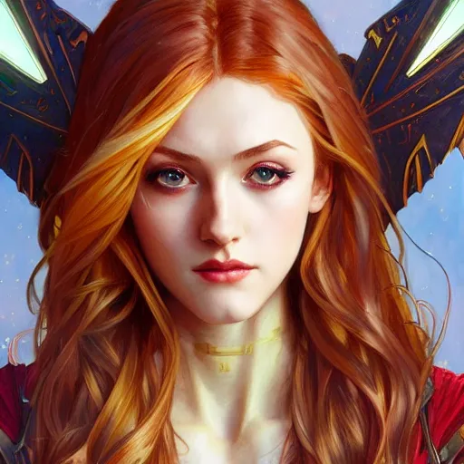 Image similar to Katherine McNamara as Super Girl, western, D&D, fantasy, intricate, elegant, highly detailed, digital painting, artstation, concept art, matte, sharp focus, illustration, art by Artgerm and Greg Rutkowski and Alphonse Mucha