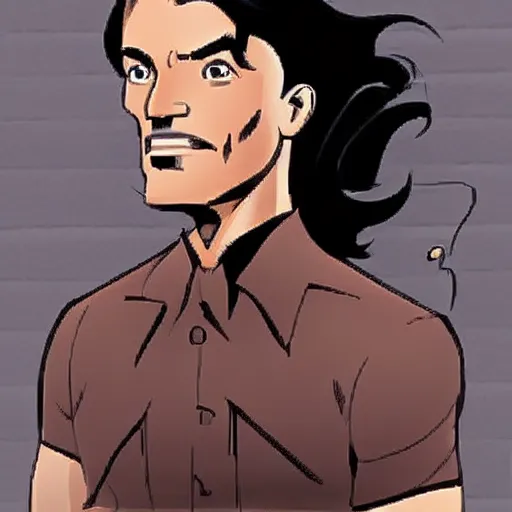 Image similar to A masculine middle aged man with tan skin, brown eyes, and hip-length, shiny, black hair, in the style of DC Comics