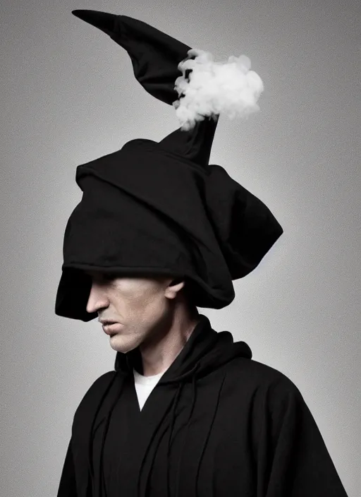 Image similar to an anthropomorphic beautiful male scientist portrait blowing smoke wearing black hoodie robe, fine art, award winning, intricate, elegant, sharp focus, octane render, hyperrealistic, wizard hat cinematic lighting, highly detailed, digital painting, 8 k concept art, art by jamie hewlett and z. w. gu, masterpiece, trending on artstation, 8 k