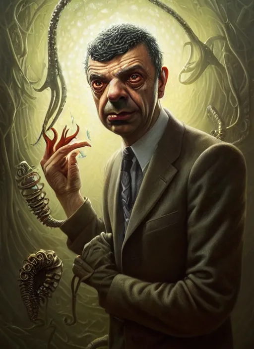 Prompt: lovecraft biopunk portrait of rowan sebastian atkinson by tomasz alen kopera and peter mohrbacher