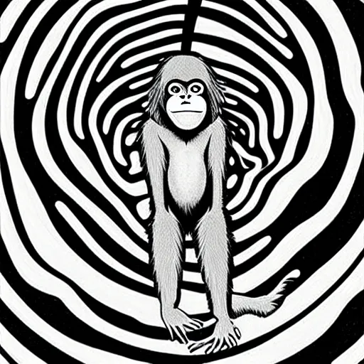 Prompt: surrealist orangutan, manga art, juji ito, style of uzumaki, spiral eyes