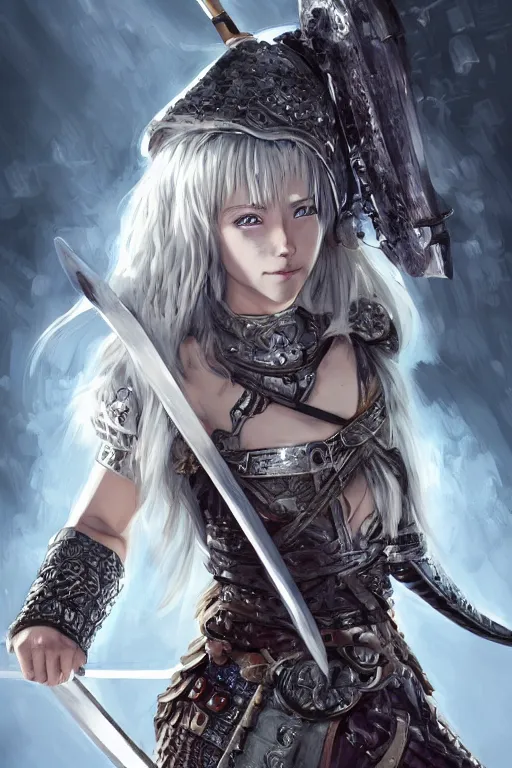 Image similar to A realistic anime portrait of a white haired female barbarian wearing an intricate viking armor, sword wielding, digital painting, by Stanley Artgerm Lau, Sakimichan, WLOP and Rossdraws, digital painting, painterly, Pixiv, Deviantart, golden ratio, rule of thirds, good composition, HD, 8k, award winning, promo art, splash art, rpg, jrpg, dungeons and dragons, DND, trending on ArtStation