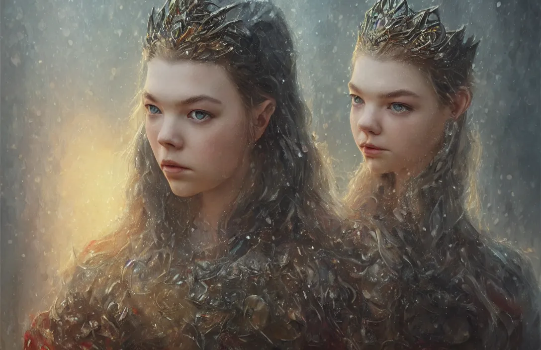 Prompt: a realistic detail portrait of a beautiful queen look like Anya taylor-joy in middle earth, raining, thunder, magic, dragon, oil painting by Julian calle, wlop, greg rutkowski, Finnian MacManus, Trending on artstation, red and yellow scheme, 8k, RE Engine