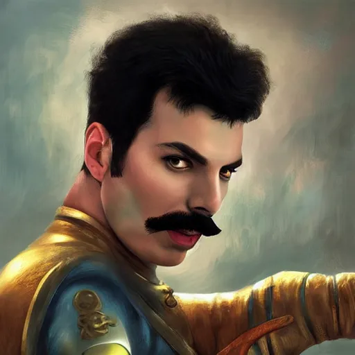 Image similar to portrait of freddie mercury playing super mario, fantasy, intricate, elegant, highly detailed, digital painting, artstation, concept art, matte, sharp focus, illustration, art by aenaluck and roberto ferri and greg rutkowski, epic fantasy, digital painting