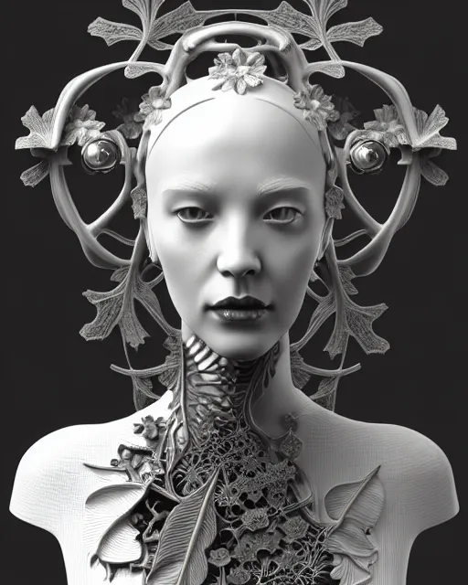 Prompt: monochrome 3 d model, 1 9 4 0 picture, floral silver steampunk biomechanical beautiful young female cyborg with porcelain profile face and a techno eye, volumetric light, leaves foliage and stems, hibiscus flowers, sinuous fine roots, fine foliage lace, alexander mcqueen, rim light, big gothic fashion pearl embroidered collar, octane render, 8 k