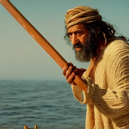 Image similar to Mediterranean man as Moses holding a wooden staff in a movie directed by Steven Spielberg, movie still frame, promotional image, imax 70 mm footage