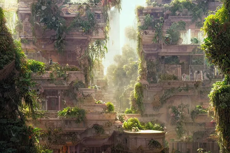 Image similar to hanging gardens of babylon, highly detailed, digital painting, artstation, concept art, sharp focus, illustration, art by artgerm and greg rutkowski and magali villeneuve