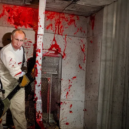 Image similar to putin with a chainsaw and a corpse. in a concrete bunker. focus on putins face with blood splatters. canon eos r 3, f / 1. 4, iso 1 6 0 0, 1 / 8 0 s, 8 k, raw, grainy