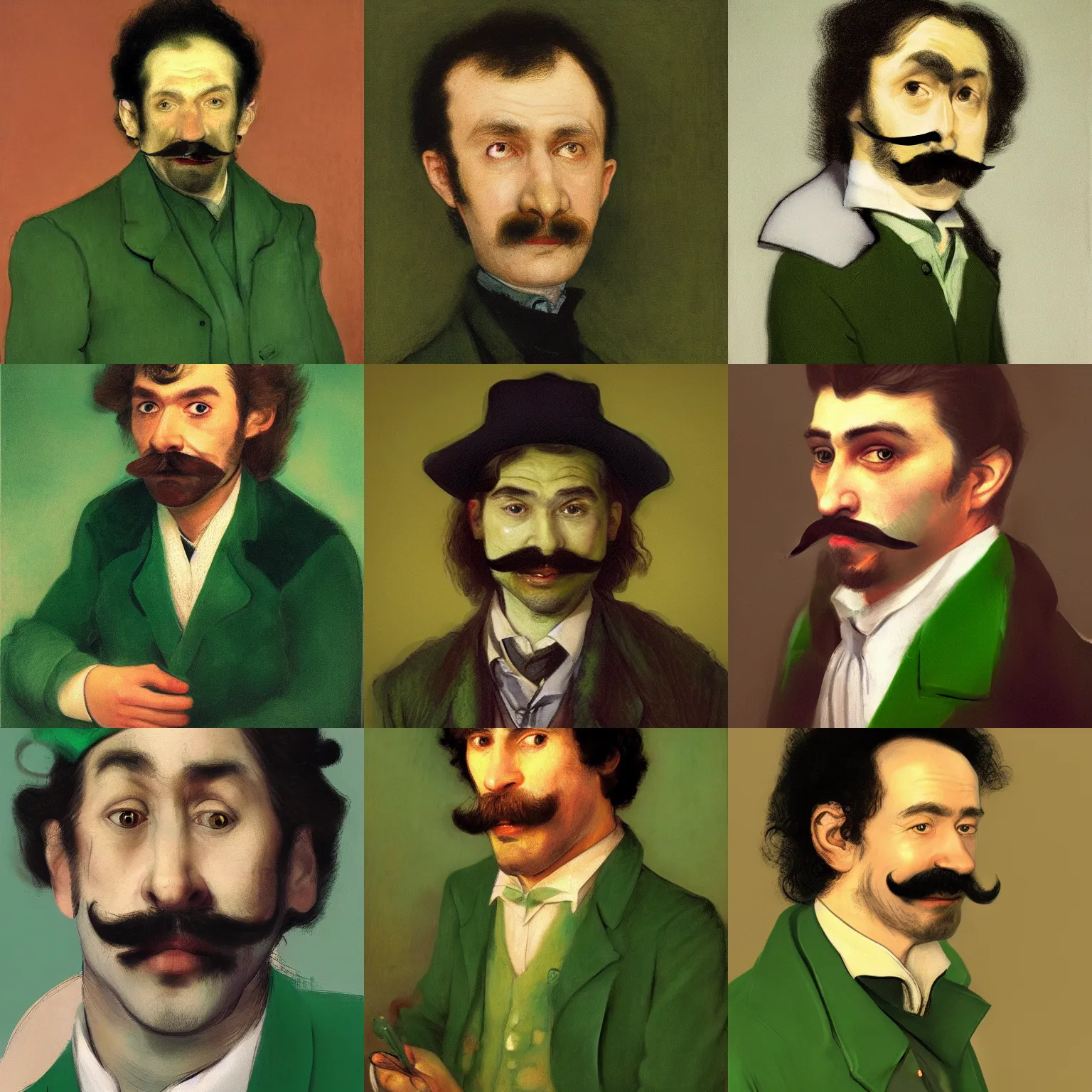 Prompt: portrait of a melancholy detective wearing a 70s green blazer, sideburns and a moustache, looking soulfully at the camera and grinning with bloodshot eyes, Rembrandt, Ilya Repin, Jenny Saville, Alex Kanevsky, Wassily Kandinsky, expressive portrait, Russian Impressionism, videogame avatar