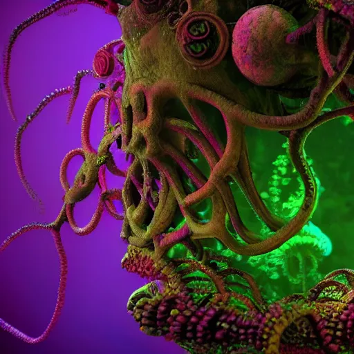 Image similar to a very beautiful lovecraftian ruined world underwater with ultra realist waves curiosities carnival, symmetry accurate features, focus, very intricate ultrafine details, green purple aqua volumetric lights, award winning masterpiece, octane render 8 k hd