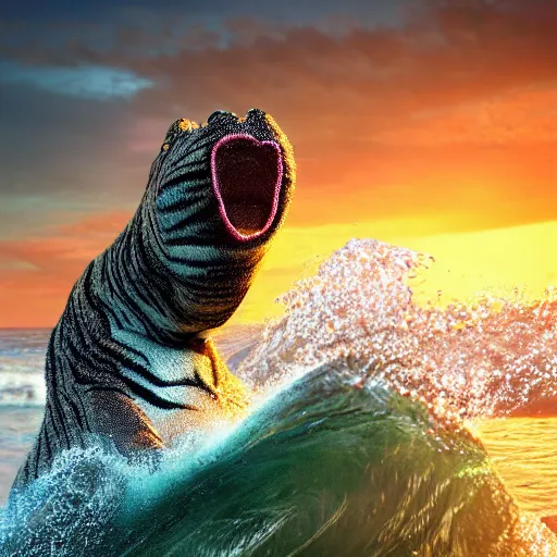 Image similar to a closeup photorealistic photograph of a cute smiling knitted tiger hippopotamus riding a large wave at sunset. surf in background. professional capture. brightly lit scene. this 4 k hd image is trending on artstation, featured on behance, well - rendered, extra crisp, features intricate detail, epic composition and the style of unreal engine.