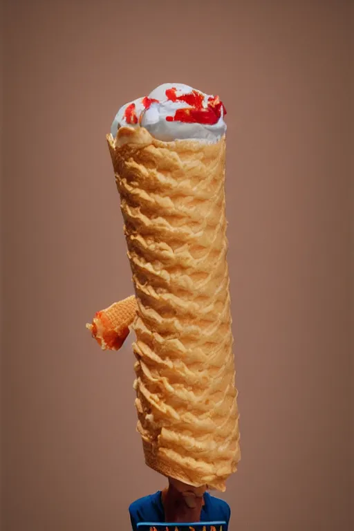 Image similar to 📷 conan o'brien the ice - cream cone 🍦, made of food, portrait still image, dynamic lighting, 4 k