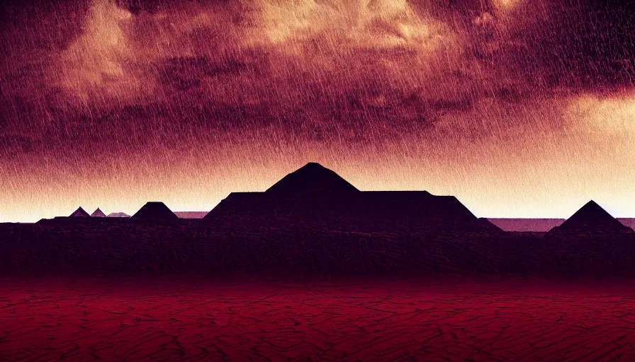 Image similar to rainy cloudy dark moody desert landscape scene with large mysterious detailed desert pyramids, fantasy, ambient, vaporwave, retro, surrealism, volumetric lighting, digital art, pixel sorting, trending on artstation