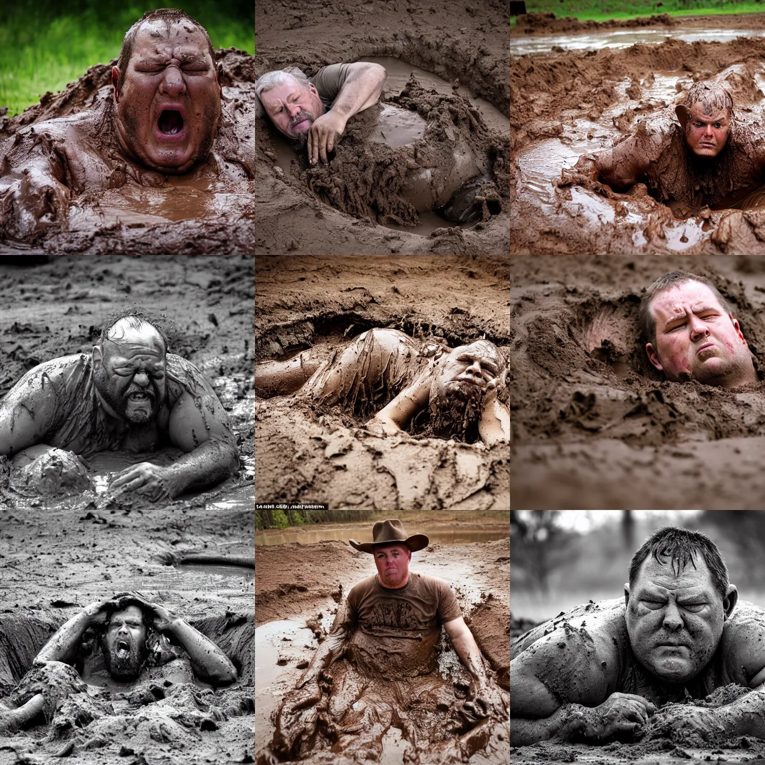 Prompt: flash photograph of an average wisconsin man named Big Beef City. He is wallowing in a pit of mud. He is angry.