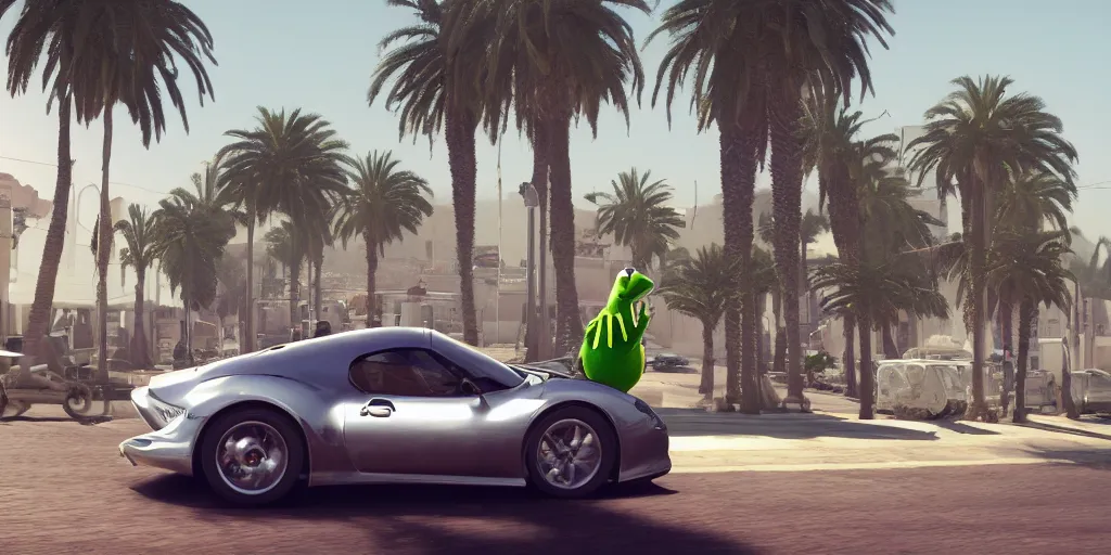 Image similar to kermit driving a car, wlop, moroccan city, mosque, palm trees, cinematic lighting, hyperdetailed, 8 k realistic, symmetrical, global illumination, radiant light,, frostbite 3 engine, cryengine, dof, trending on artstation, digital art, chanel