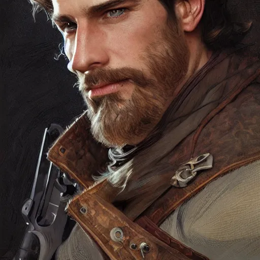 Image similar to portrait of a young, ruggedly handsome ranger, soft hair, muscular, half body, leather, fantasy, intricate, elegant, highly detailed, digital painting, artstation, concept art, smooth, sharp focus, illustration, art by artgerm and greg rutkowski and alphonse mucha