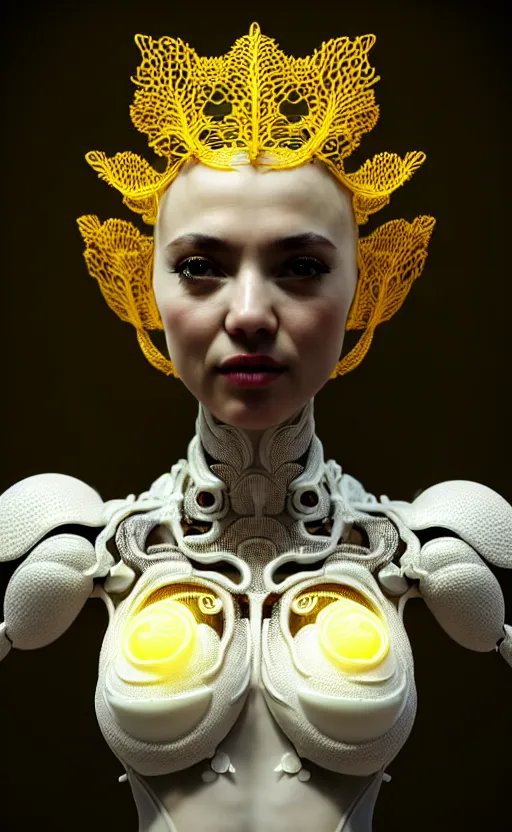 Prompt: intricate hyper detailed ultra sharp 3 d render of a beautiful porcelain seductive woman portrait, medium shot portrait, bright light, alexandre ferra white mecha, cyberpunk mechanical haute couture huge fractal mycelum and fungi, magnolia goliath head ornaments, big embroidered leaves filigree sinuous roots, octane render, volumetric cinematic lighting, yellow, 8 k, vray tracing