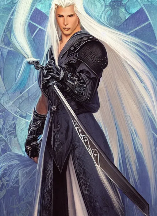 Image similar to centered portrait, Sephiroth as a male D&D Ranger, blonde hair, Art Nouveau, beautiful retro Fantasy heroine 1985, intricate, elegant, highly detailed, centered, digital painting, trending on artstation, concept art, smooth, sharp focus, illustration, art by raphael lacoste, eddie mendoza, Mucha, alex ross, WLOP