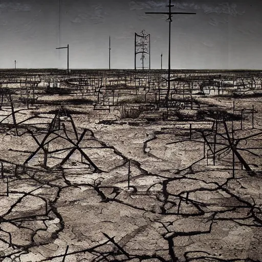 Image similar to barren city, nuclear wasteland, Fallout aesthetic, Anselm Kiefer