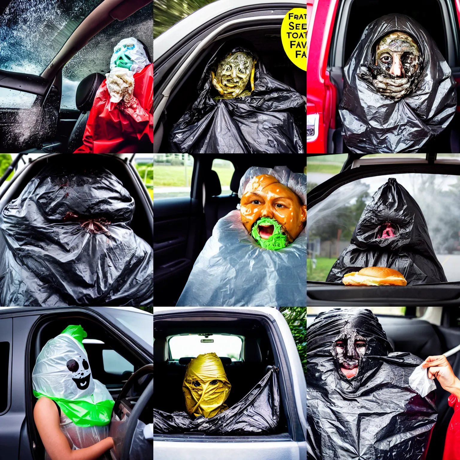 Prompt: steaming stinking garbage bag with human face oozing goo inside car, fast food review, wide angle, specular highlights, fetid atmosphere