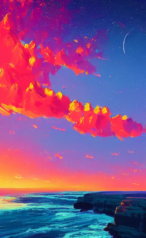 Image similar to a beautiful illustration of twelve apostles at sunset, art of alena aenami, featured on artstation, vertical orientation, paint brush strokes, expressionism, brushstroke - laden, breathtaking clouds, birds, ocean, beautiful stars, long exposure, gigantic sun, airy theme, red purple gradient, lens flare