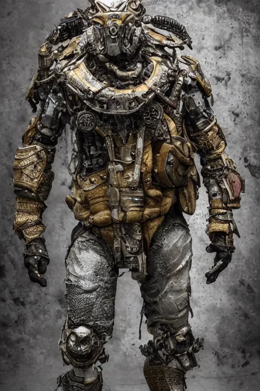 Image similar to photo taken of an epic intricate, ultra detailed, super realistic gritty, hero prop, exquisitely weathered armoured hazardsuit movie props, created by weta workshop, full body shot, photorealistic, sharp focus, white wall, cold colour temperture, golden ratio