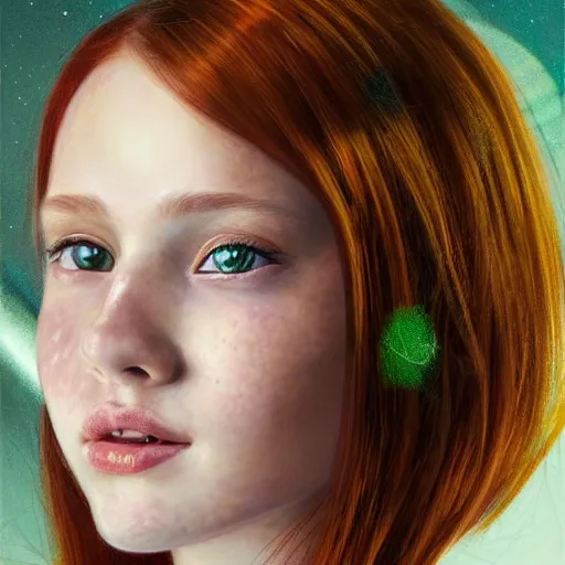 Image similar to a highly detailed, hyper realistic, stunning portrait of a red haired young woman, surrounded by the lights of golden fireflies, long hair, green eyes, hint of freckles, round gentle face, cheeky smile, romantic, deep focus, elegant, digital painting, smooth, sharp, golden ratio, illustration, art by artgerm and caravaggio