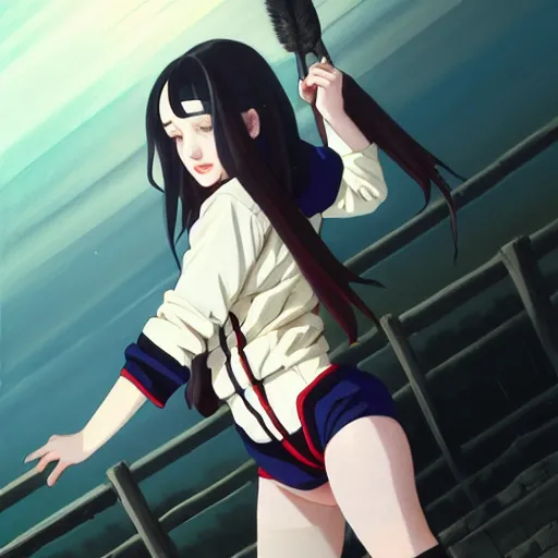 Image similar to a beautiful boyish kat dennings alluring gravure model, wearing oversized mayan bomber jacket and leotard with overalls, bulky poofy aztec native style bomber jacket with mayan patterns, gapmoe yandere grimdark, trending on pixiv fanbox, painted by greg rutkowski makoto shinkai takashi takeuchi studio ghibli, akihiko yoshida