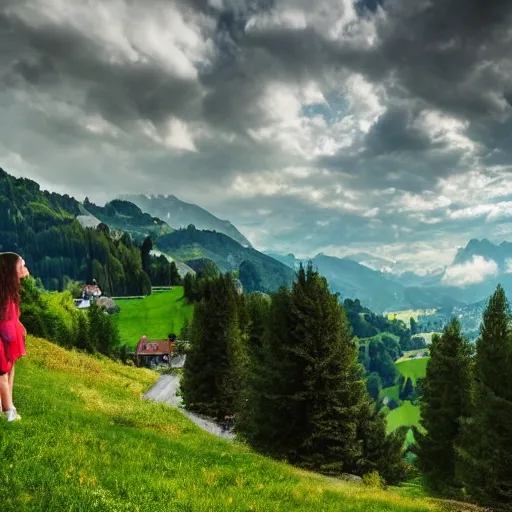 Image similar to a beautiful photograph of a girl with switzerland landscape in the background with trees, hdr, 8 k, high quality, sharp focus, artstation, highly detailed, award - winning, dramatic lighting, beautiful clouds, and nature