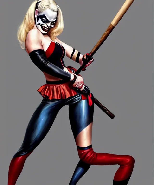 Prompt: Caricature of Margot Robbie as Harley Quinn, fully dressed. Full bodied pose, with baseball bat, highly detailed, digital painting, artstation, concept art, smooth, sharp focus, illustration, art by artgerm and greg rutkowski and alphonse mucha