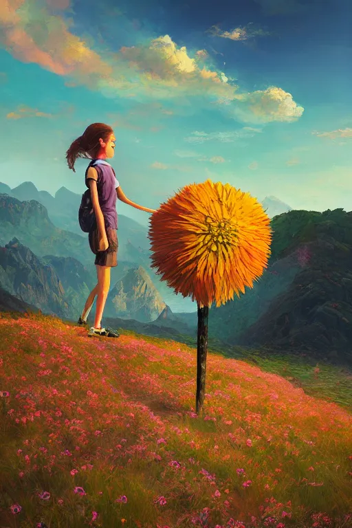 Image similar to giant daisy flower head, girl hiking in the mountains, surreal photography, sunrise, dramatic light, impressionist painting, colorful clouds, digital painting, artstation, simon stalenhag