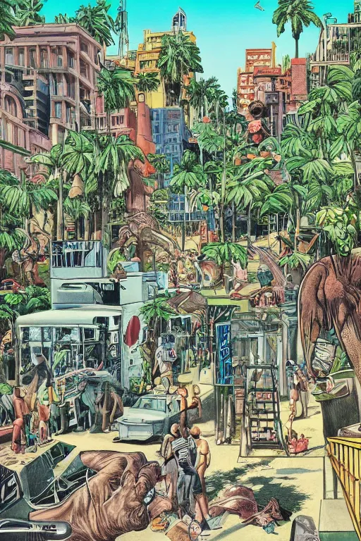 Prompt: full page comic book drawings of desolate city scenes urban jungle zoo on a hot summer evening, tropical color palette, by carel willink and gregory crewdson, comic book panels