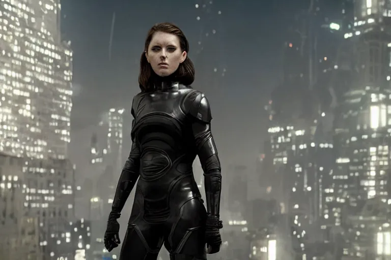 Image similar to VFX movie closeup portrait of a futuristic hero woman in black spandex armor in future city, hero pose, beautiful skin, night lighting by Emmanuel Lubezki