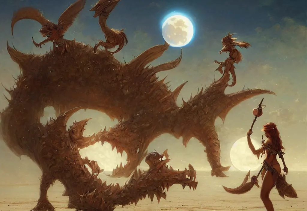 Image similar to cute fantasy critters at the beach looking at the moon, ultra realistic, concept art, highly detailed by greg rutkowski, gaston bussiere, craig mullins, simon bisley