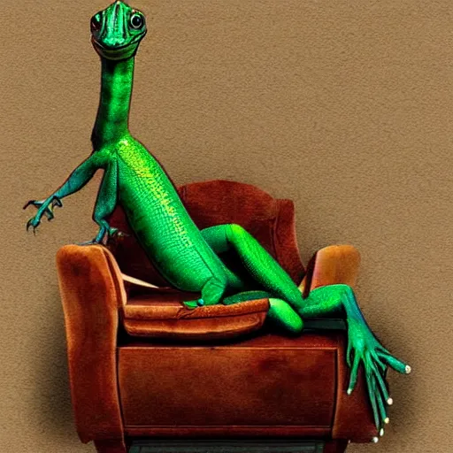 Prompt: anthro lizard with a prostetic arm sitting on a couch, fantasy art, matte painting, coherent like Dall-E 2