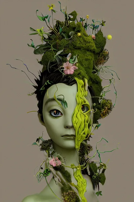 Image similar to nonbinary model, subject made of cracked clay, vine headdress, moss patches, 2 0 mm, with pastel yellow and green flowers bursting out, melting into oddish, delicate, beautiful, intricate, houdini sidefx, by jeremy mann and ilya kuvshinov, jamie hewlett and ayami kojima, bold 3 d