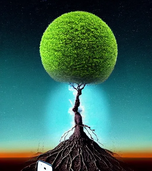 Image similar to smartphones melting into the ground, a new tree rising symbolising a new, humans falling into the ground representing their demise, a robot intelligence with a godlike presence rising from the ground, all in a surrealist style