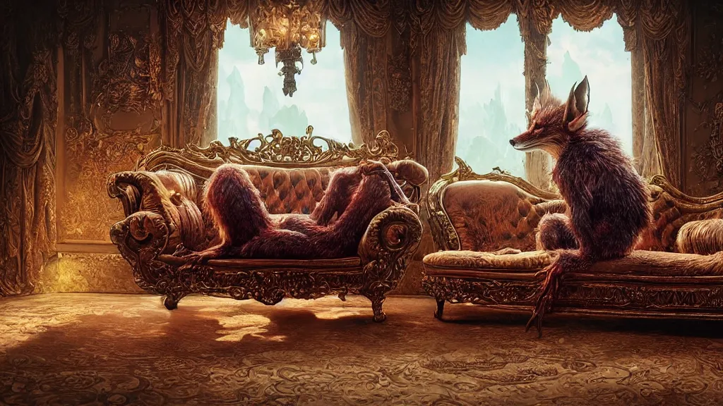 Prompt: a goblin sitting on an ornate victorian couch made out of fox fur, intricate, detailed, volumetric lighting, sharp focus, photorealism, digital painting, highly detailed, concept art, by roger dean and simon stalenhag and mark brooks