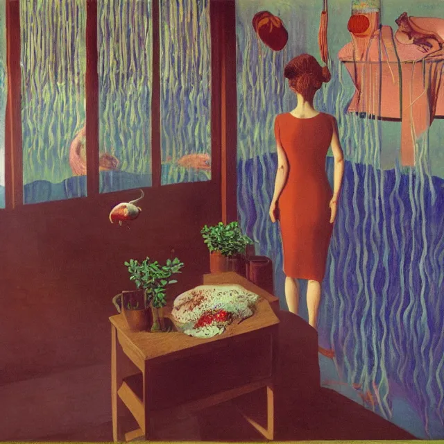 Prompt: a female pathologist in her apartment, a river flooding inside, pigs, plants in glass vase, pork, water, river, rapids, canoe, pomegranate, berries dripping, waterfall, swans, acrylic on canvas, surrealist, by magritte and monet