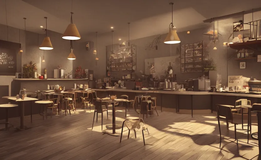 Image similar to a coffe shop, octane render, artstation trending, highly detailded