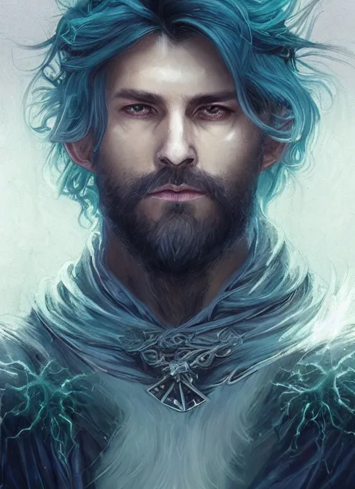 Image similar to Portrait of hexblade warlock aasimar, teal magic electricity, male, silver shaggy hair, short scruffy beard, cloak, white eyes, fantasy, extremely detailed, digital painting, artstation, concept art, smooth, sharp focus, illustration, stunning lighting, art by artgerm and greg rutkowski and alphonse mucha and simon stalenhag, realistic character concept, high fantasy, light atmosphere, golden ratio, cinematic lighting, hyperdetailed, high resolution, insanely detailed and intricate, artstation, Marc Simonetti, Greg Rutkowski