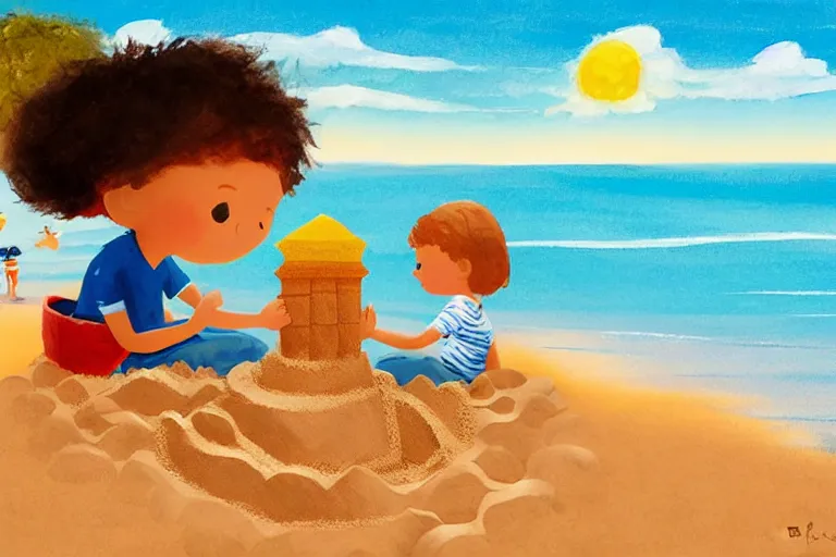 Prompt: Two children sitting on the beach making sandcastles, blue sky, artstation, children's book, HD, by Benji Davies