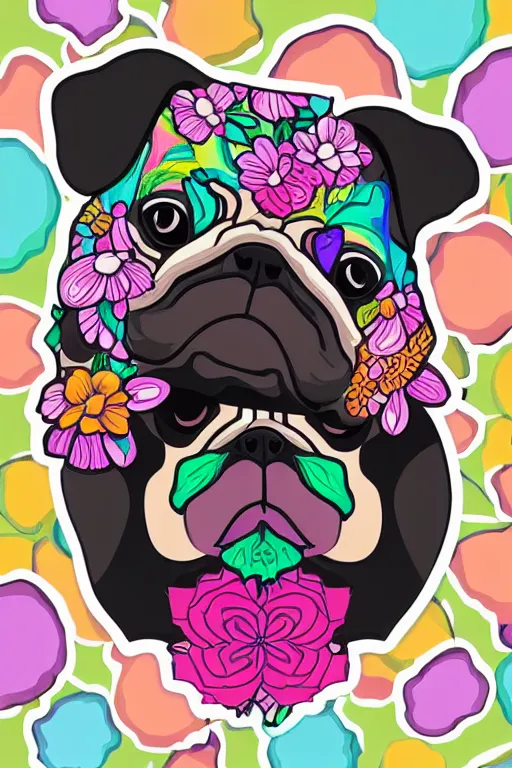 Prompt: portrait of a flower pug, art by milka oxana, sticker, colorful, illustration, highly detailed, simple, smooth and clean vector curves, no jagged lines, vector art, smooth