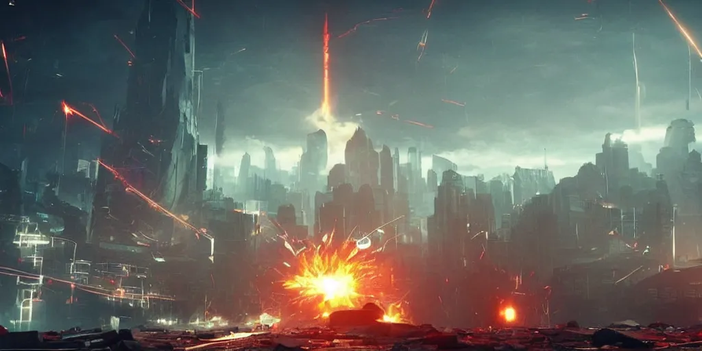Image similar to a huge towering and broken stone tablet with red light + alien pattern, stands in the center of a prosperous city at the end of the world, and the power and energy is explode, secret, mysterious, doomsday, landscape, video game control, quantum break, arknights,