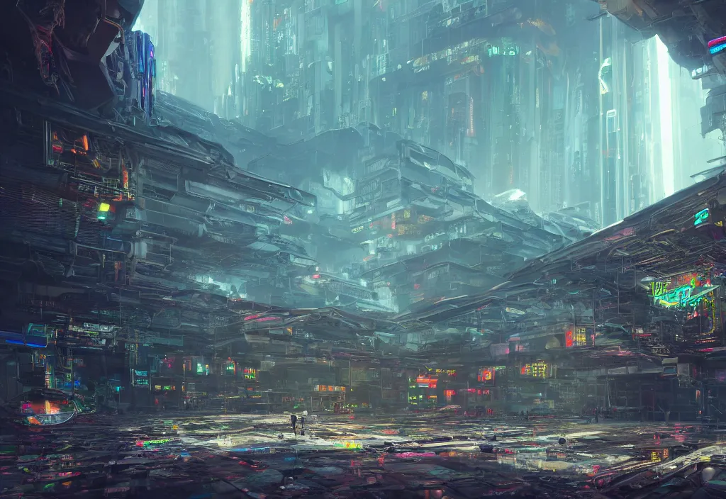 Image similar to A highly detailed crisp unreal engine render of A beautiful futuristic cyberpunk cybertech abandoned building with neon like plants, perfect well made rainbow on the sky, sunlight breaking through clouds, debris on the ground, abandoned machines by wangchen-cg, 王琛,Neil blevins, artstation