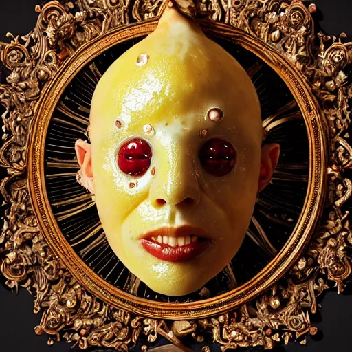 Image similar to man made out of lemon skin, head is exploding into jam : ornate, dynamic, particulate, intricate, elegant, highly detailed, centered, artstation, smooth, sharp focus, octane render