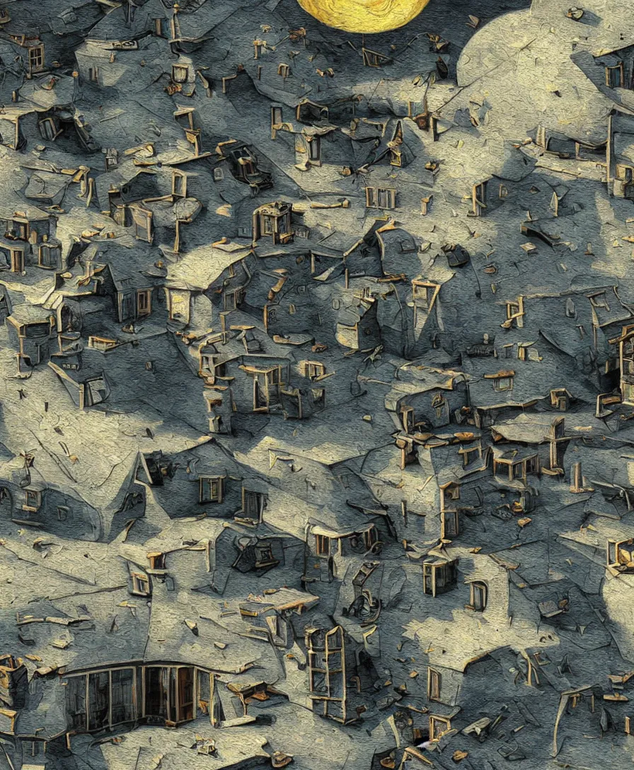 Prompt: realistic hd photo of people living on houses on moon, highly detailed, octane render, van gogh style